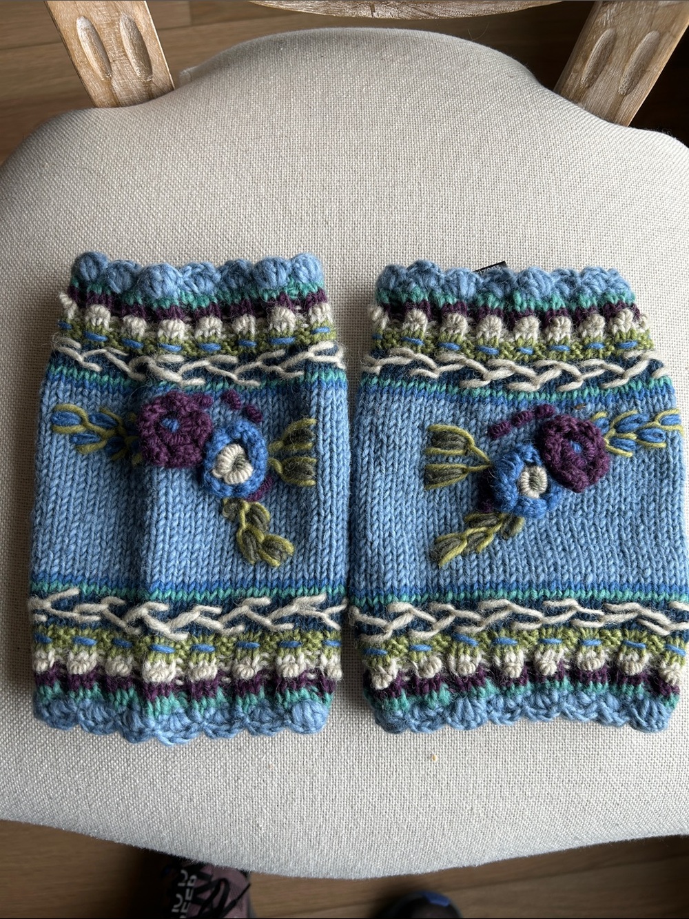 Handmade Light Blue Floral Knit Wrist Warmers